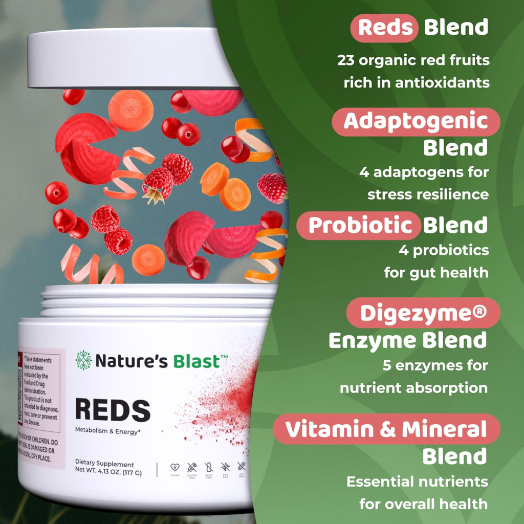 NATURES BLAST Reds - Metabolism and Energy Superfood Powder with 23 Red Fruits, 4 Adaptogens, Probiotics & Enzymes - Vegan Antioxidant Blend, 1 Bottle - TrustMedUSA