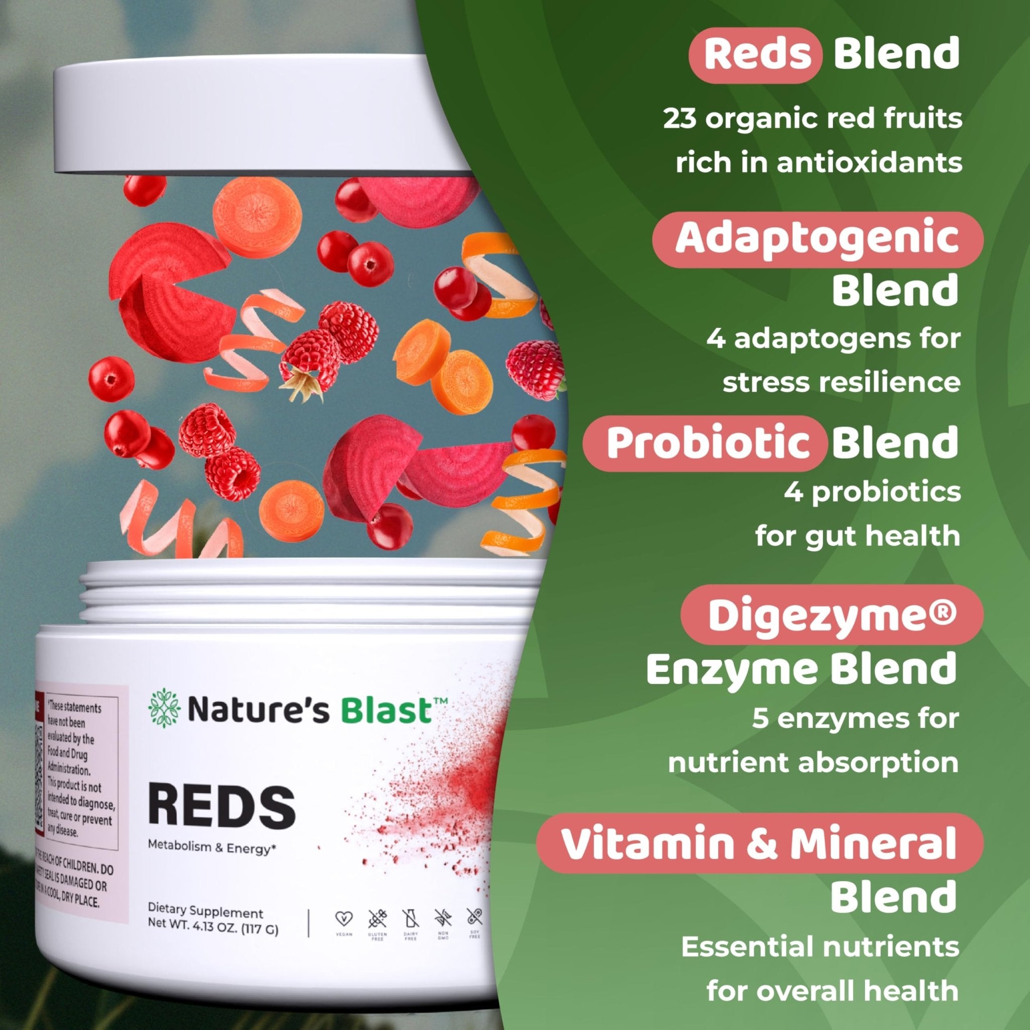 NATURES BLAST Reds - Metabolism and Energy Superfood Powder with 23 Red Fruits, 4 Adaptogens, Probiotics & Enzymes - Vegan Antioxidant Blend, 1 Bottle - TrustMedUSA
