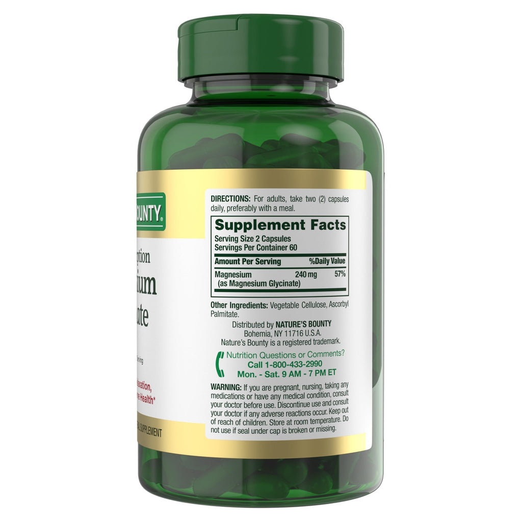 Nature’s Bounty High Absorption Magnesium Glycinate 240 mg for Supporting Muscle Relaxation and Bone, Heart & Nerve Health – Non-GMO, Gluten-Free, Vegetarian, 120 Count/60 Servings - TrustMedUSA