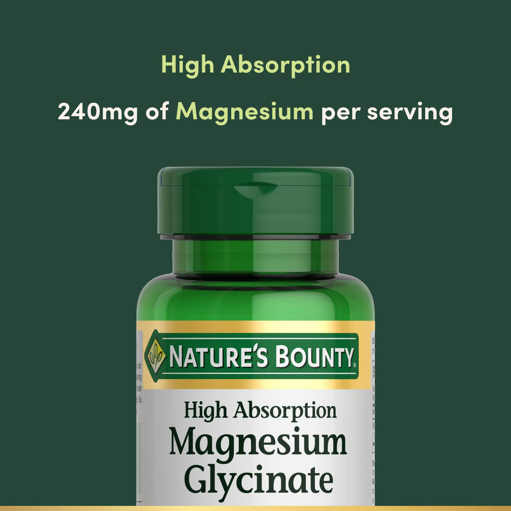 Nature’s Bounty High Absorption Magnesium Glycinate 240 mg for Supporting Muscle Relaxation and Bone, Heart & Nerve Health – Non-GMO, Gluten-Free, Vegetarian, 120 Count/60 Servings - TrustMedUSA