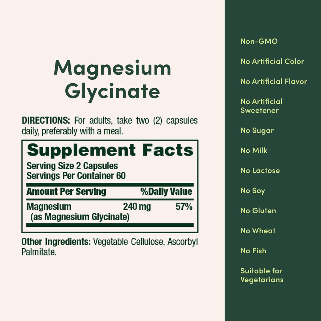 Nature’s Bounty High Absorption Magnesium Glycinate 240 mg for Supporting Muscle Relaxation and Bone, Heart & Nerve Health – Non-GMO, Gluten-Free, Vegetarian, 120 Count/60 Servings - TrustMedUSA