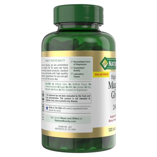 Nature’s Bounty High Absorption Magnesium Glycinate 240 mg for Supporting Muscle Relaxation and Bone, Heart & Nerve Health – Non-GMO, Gluten-Free, Vegetarian, 120 Count/60 Servings - TrustMedUSA