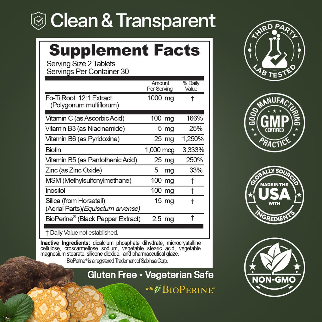 Natures Elements Advanced Shou Wu for Gray Hair – Prepared He Shou Wu for Hair Growth with Biotin, Bioperine, Fo-Ti Root & More – 100% Natural – 60 Tablets – Non-GMO, Gluten-Free - TrustMedUSA