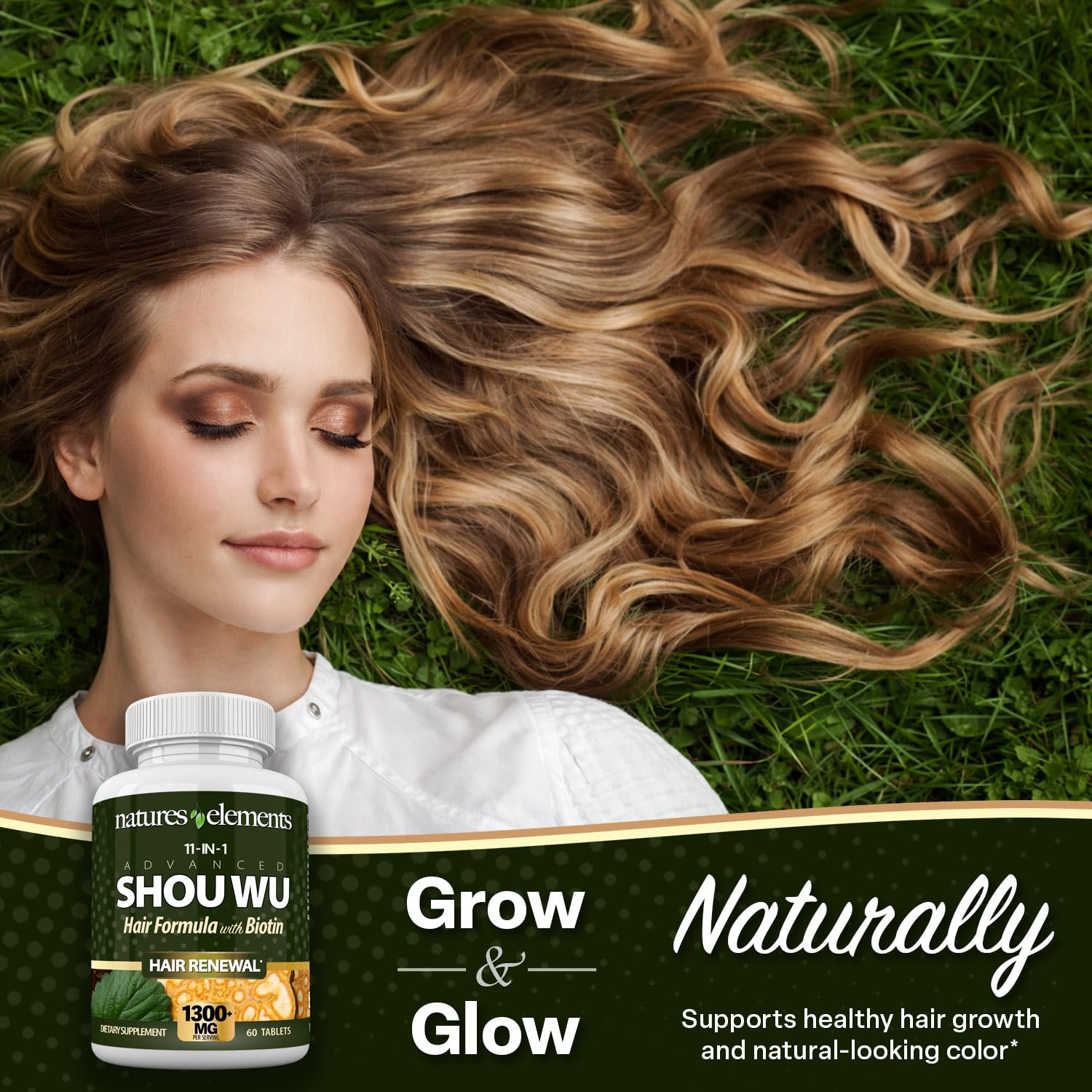 Natures Elements Advanced Shou Wu for Gray Hair – Prepared He Shou Wu for Hair Growth with Biotin, Bioperine, Fo-Ti Root & More – 100% Natural – 60 Tablets – Non-GMO, Gluten-Free - TrustMedUSA