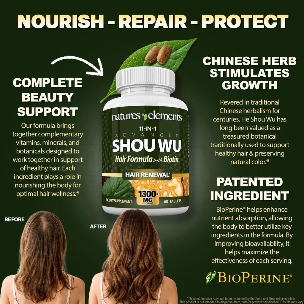 Natures Elements Advanced Shou Wu for Gray Hair – Prepared He Shou Wu for Hair Growth with Biotin, Bioperine, Fo-Ti Root & More – 100% Natural – 60 Tablets – Non-GMO, Gluten-Free - TrustMedUSA