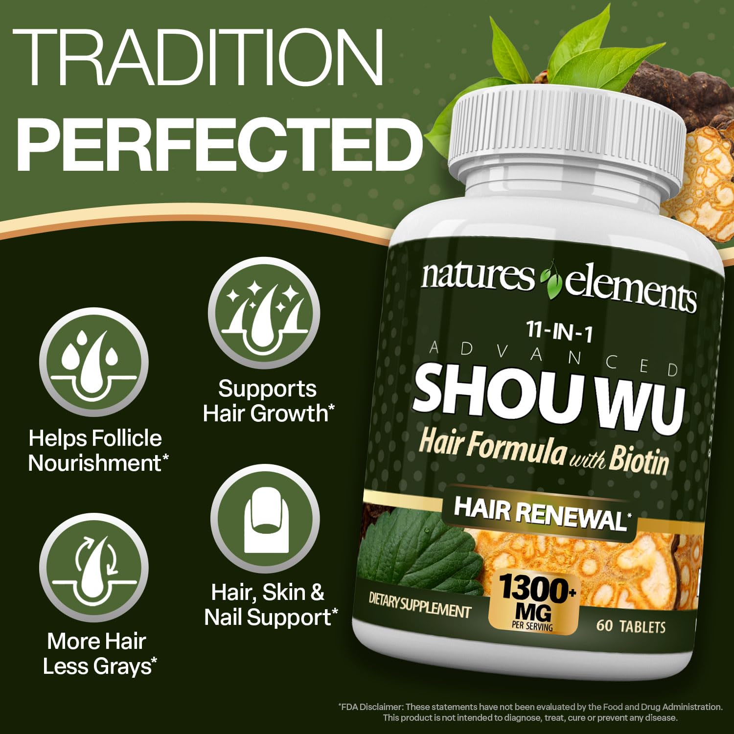 Natures Elements Advanced Shou Wu for Gray Hair – Prepared He Shou Wu for Hair Growth with Biotin, Bioperine, Fo-Ti Root & More – 100% Natural – 60 Tablets – Non-GMO, Gluten-Free - TrustMedUSA
