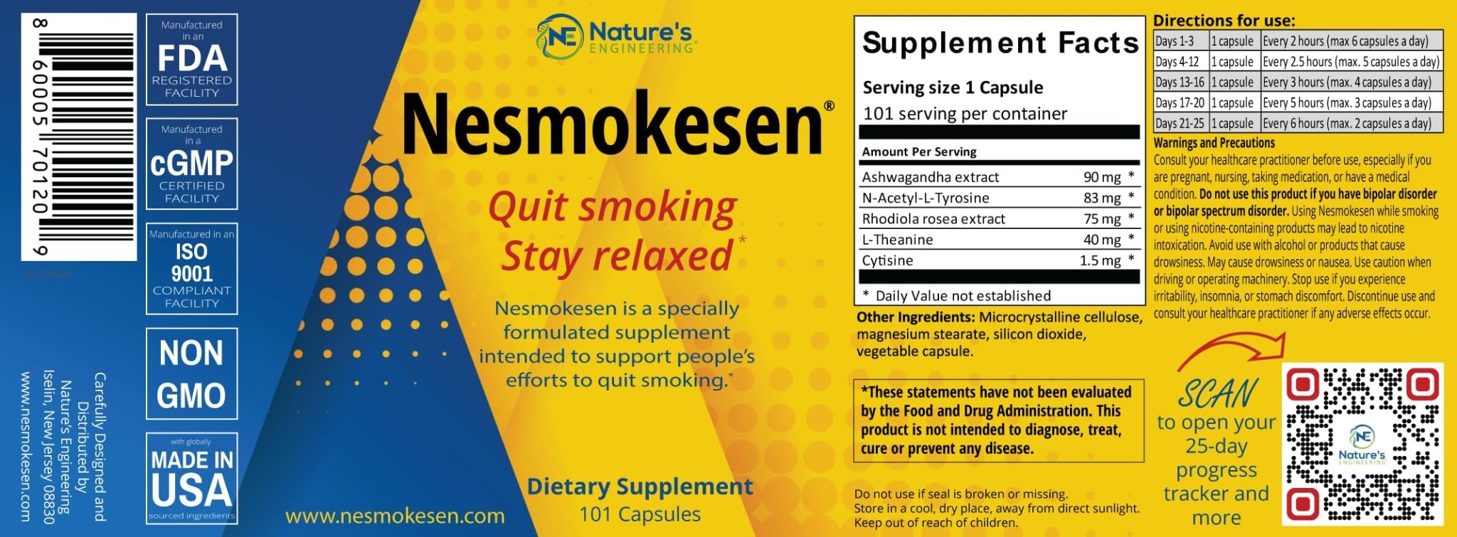 Nature's Engineering Nesmokesen - Quit Smoking Stay Relaxed, (101 Capsules / 25 Days Supply) Made in The USA - Maple Wellness Supplements