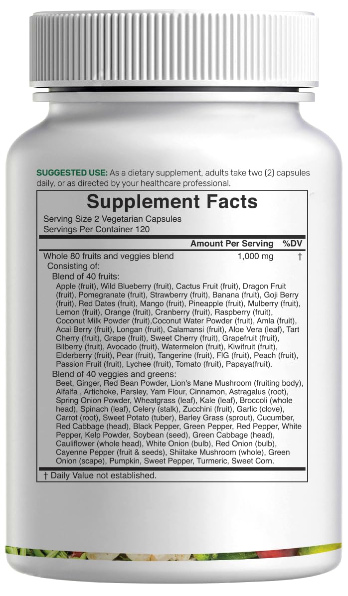 Nature’s Fruits & Veggies Supplement, 240 Veggie Capsules – 80 Whole Food Superfoods for Daily Balance – 40 Fruits with 40 Vegetables and Greens – Non-GMO, Gluten Free - TrustMedUSA