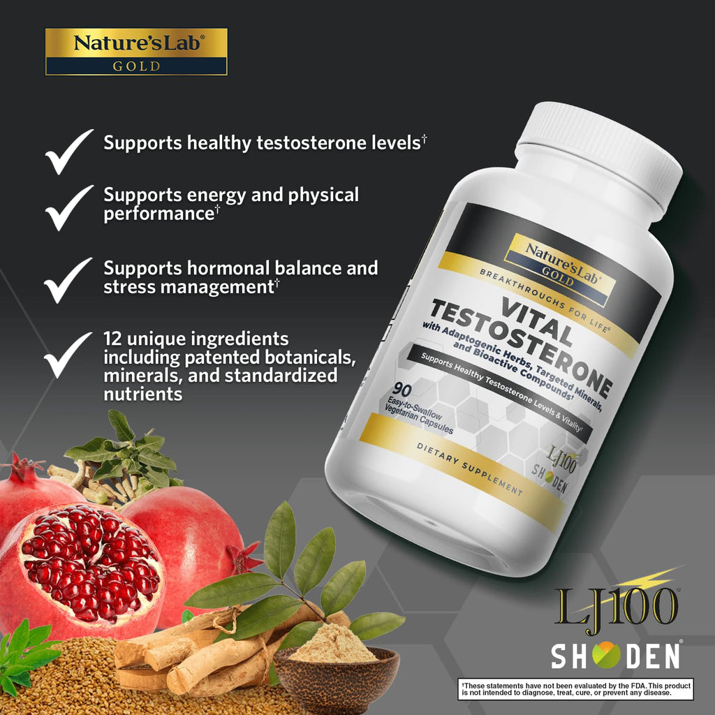 Nature's Lab Gold Vital Testosterone with Adaptogenic Herbs, Targeted Minerals and Bioactive Compounds* - Supports Healthy Testosterone Levels & Vitality* - 90 Capsules (30 Day Supply) - TrustMedUSA