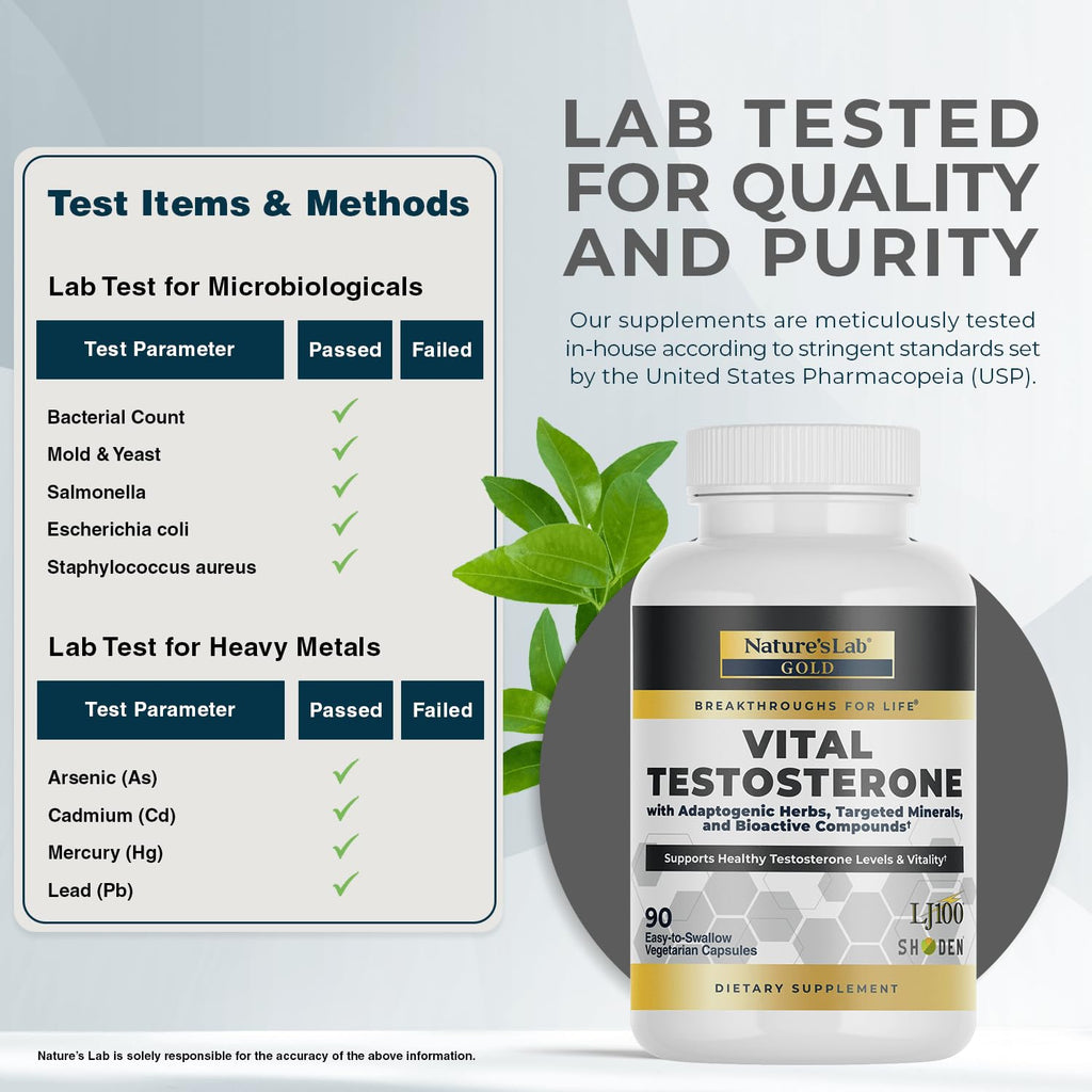 Nature's Lab Gold Vital Testosterone with Adaptogenic Herbs, Targeted Minerals and Bioactive Compounds* - Supports Healthy Testosterone Levels & Vitality* - 90 Capsules (30 Day Supply) - TrustMedUSA