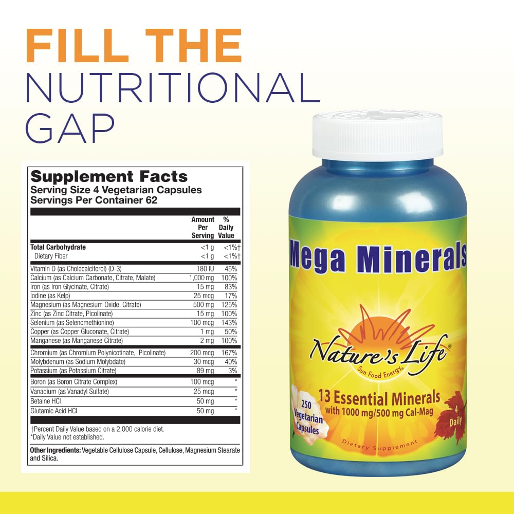 Nature's Life Mega Minerals Complex | Complete Multi Mineral + Vitamin D Supplement | 250 Vegetarian Capsules - TrustMedUSA