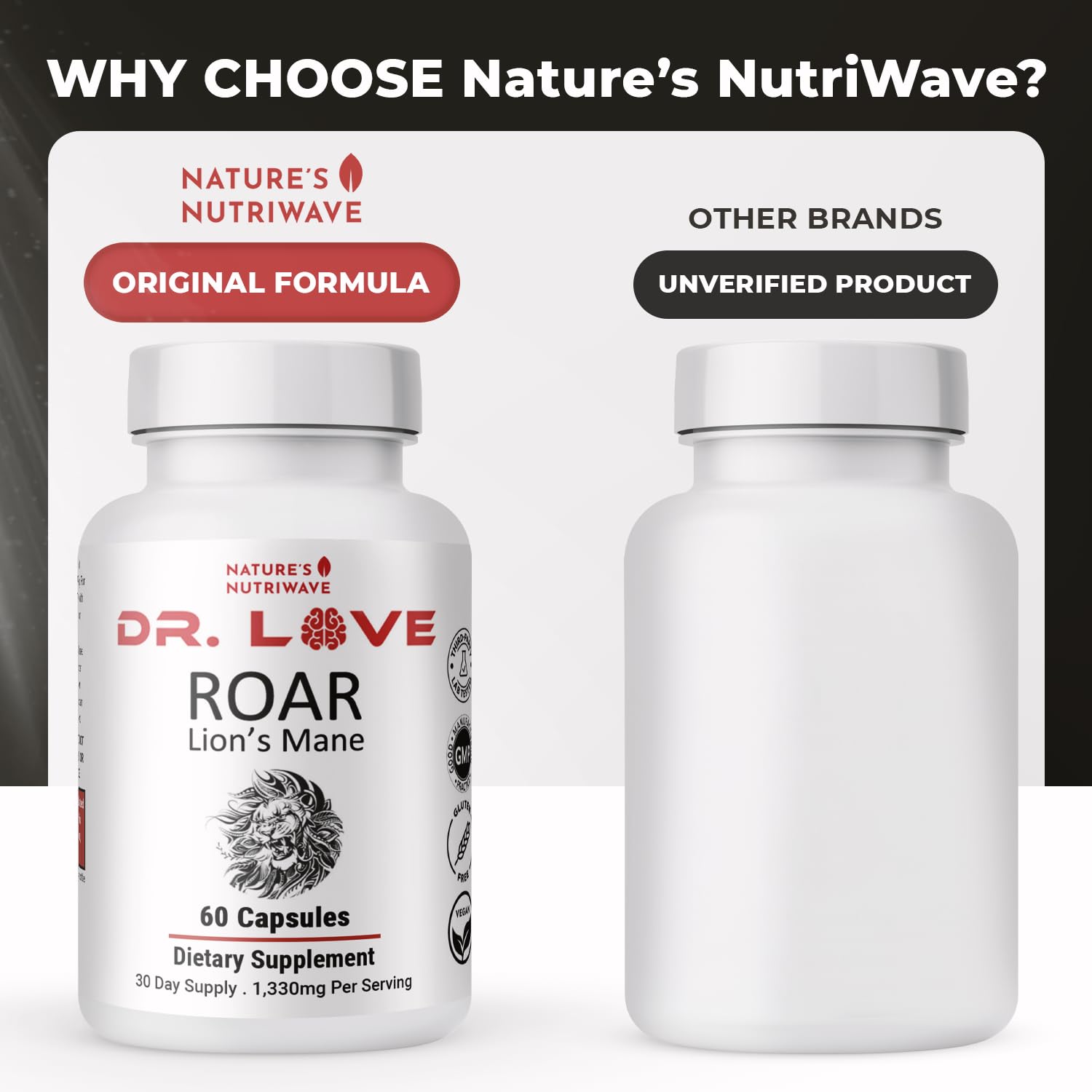 Nature’s NutriWave Dr. Love Roar Lion’s Mane Mushroom Supplement – Plant-Based Formula with Cordyceps, Reishi & Shiitake – Vegan, Gluten-Free, GMP Certified, Made in USA – 60 Capsules, 1 Month Supply - TrustMedUSA