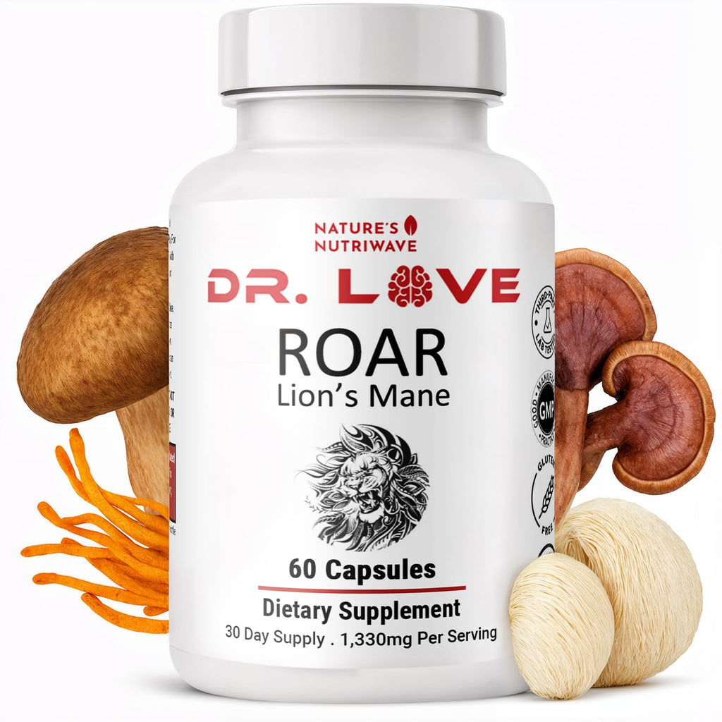 Nature’s NutriWave Dr. Love Roar Lion’s Mane Mushroom Supplement – Plant-Based Formula with Cordyceps, Reishi & Shiitake – Vegan, Gluten-Free, GMP Certified, Made in USA – 60 Capsules, 1 Month Supply - TrustMedUSA