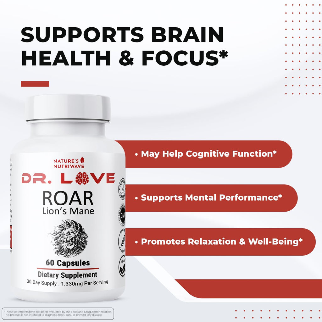 Nature’s NutriWave Dr. Love Roar Lion’s Mane Mushroom Supplement – Plant-Based Formula with Cordyceps, Reishi & Shiitake – Vegan, Gluten-Free, GMP Certified, Made in USA – 60 Capsules, 1 Month Supply - TrustMedUSA