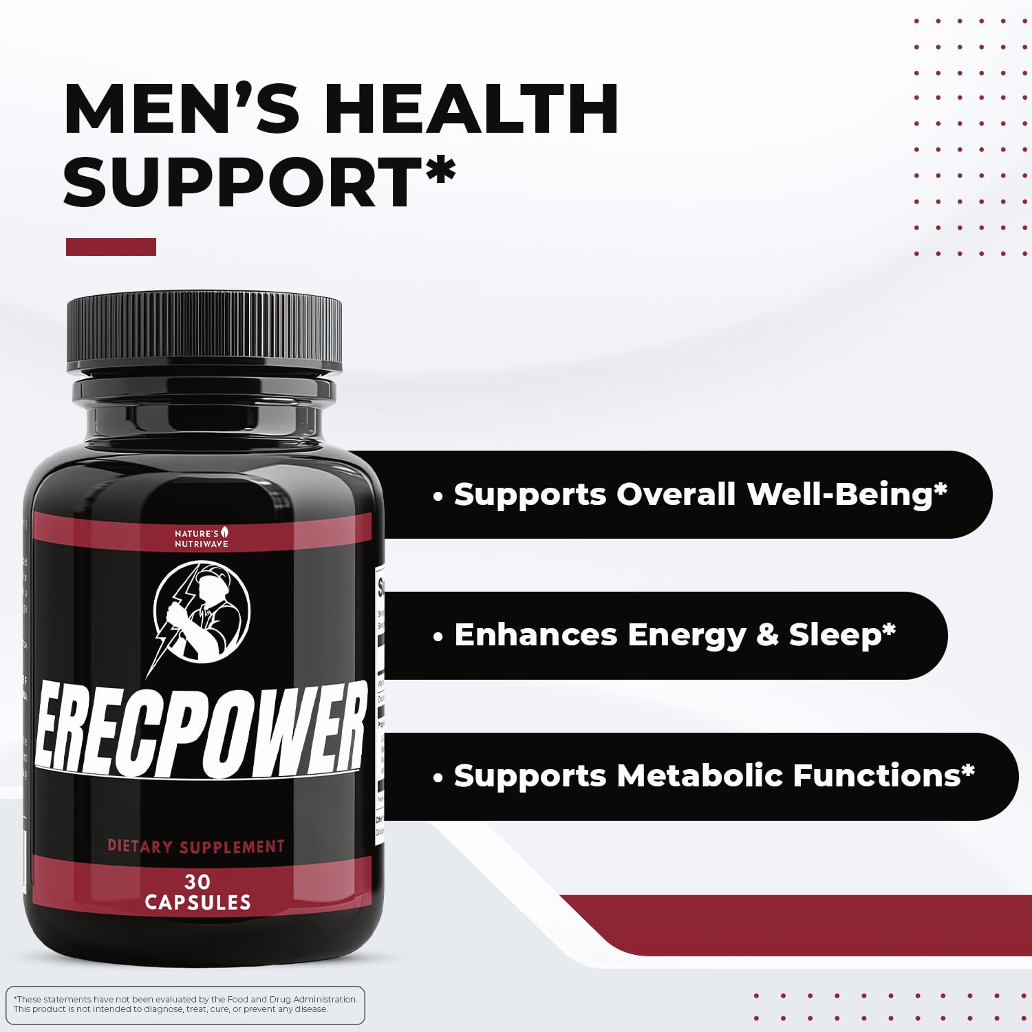 Nature’s NutriWave ErecPower – 100% Natural Men’s Wellness Supplement with Niacin, Zinc & Herbal Blend - Made in USA – 30 Capsules, 3 Month Supply - TrustMedUSA