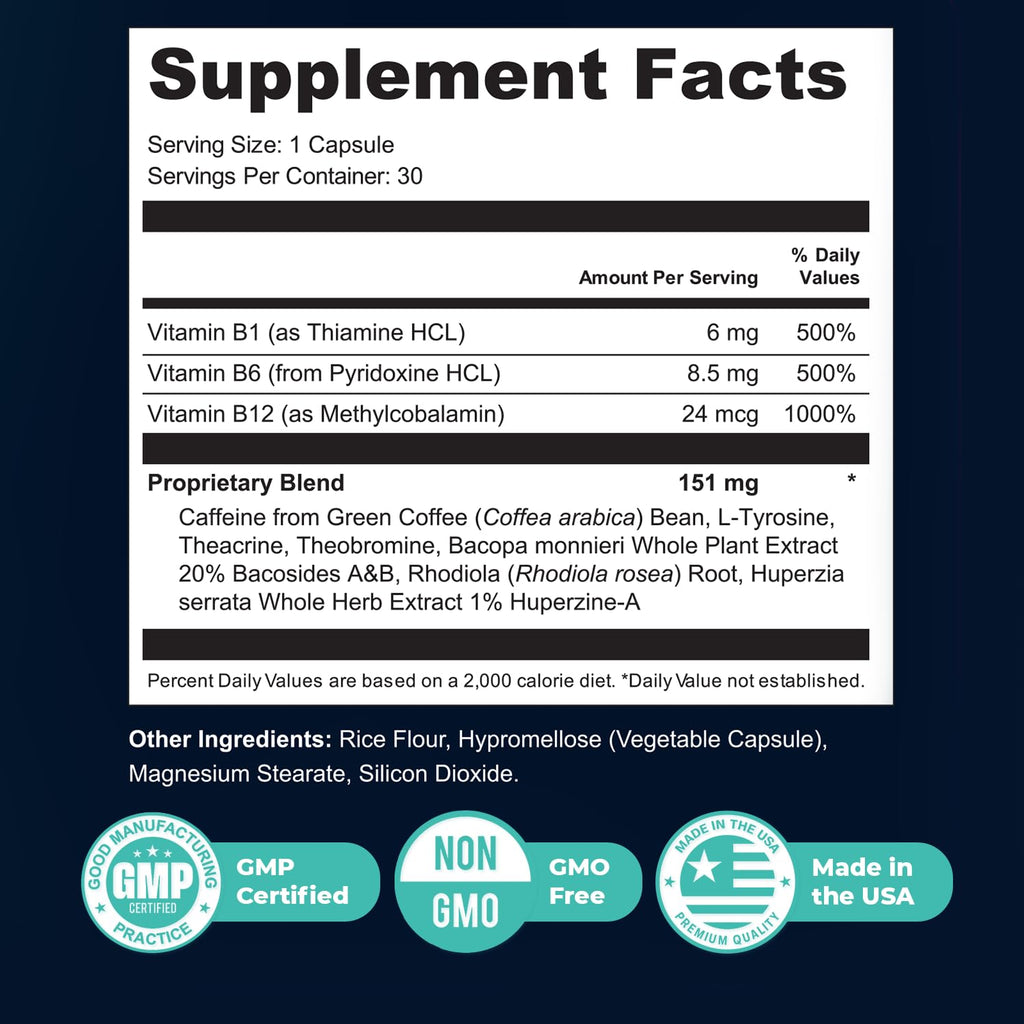 Nature’s NutriWave MemoMatrix – Daily Vitamin B1, B6, B12& Botanical Supplement with Bacopa, Rhodiola, Huperzia, L-Tyrosine & B-Vitamin Blend – Non-GMO Formula – 30 Capsules, 1 Month Supply - TrustMedUSA