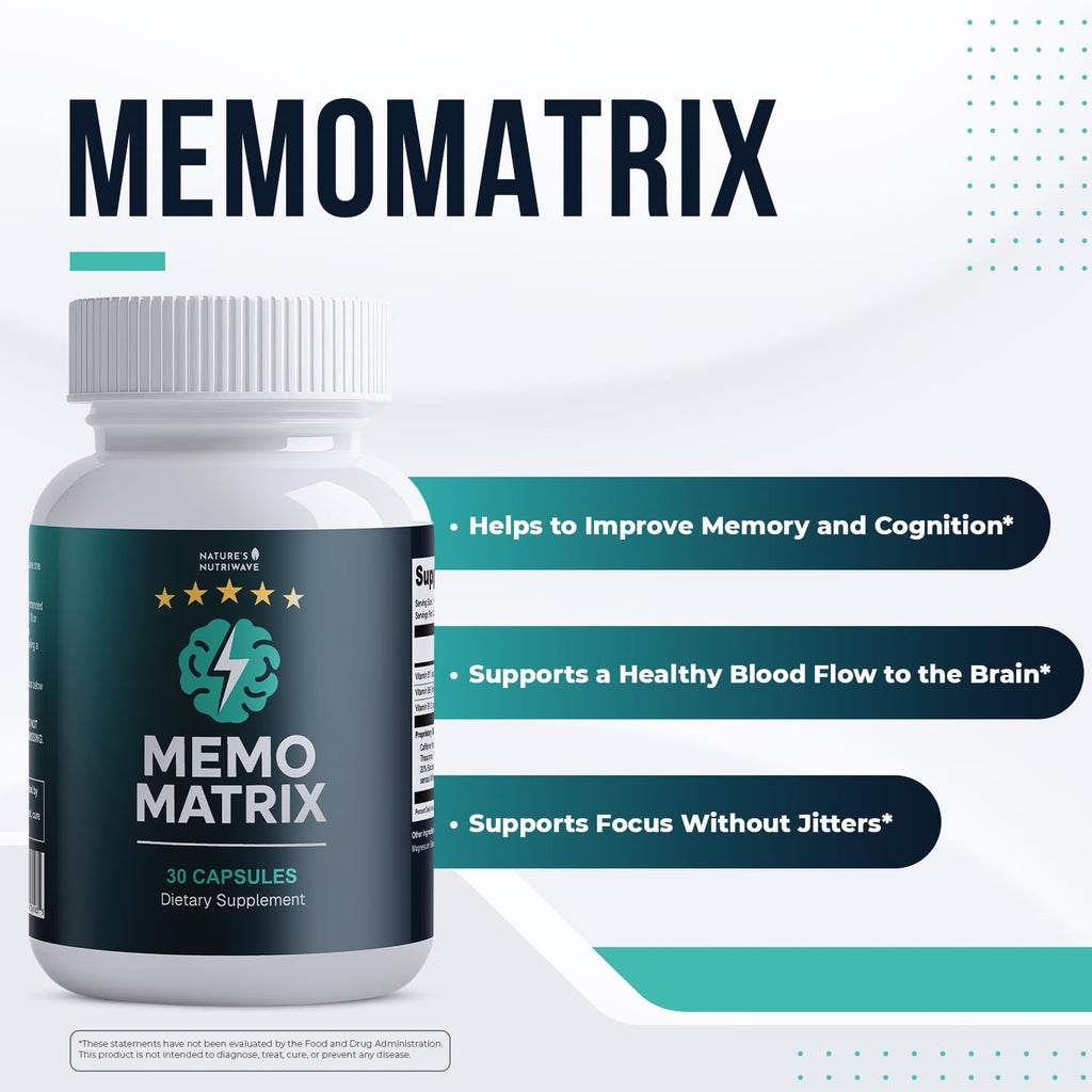 Nature’s NutriWave MemoMatrix – Daily Vitamin B1, B6, B12& Botanical Supplement with Bacopa, Rhodiola, Huperzia, L-Tyrosine & B-Vitamin Blend – Non-GMO Formula – 30 Capsules, 1 Month Supply - TrustMedUSA