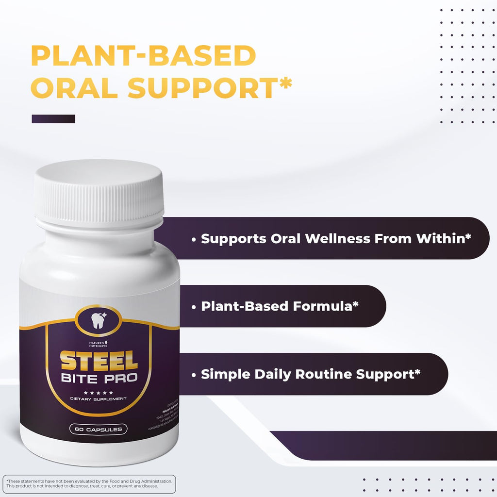 Nature’s NutriWave Steel Bite Pro Oral Wellness Supplement – 23 Plant-Based Ingredients with Zinc & Turmeric – Non-GMO, Made in USA, 60 Capsules, 1 Month Supply - TrustMedUSA