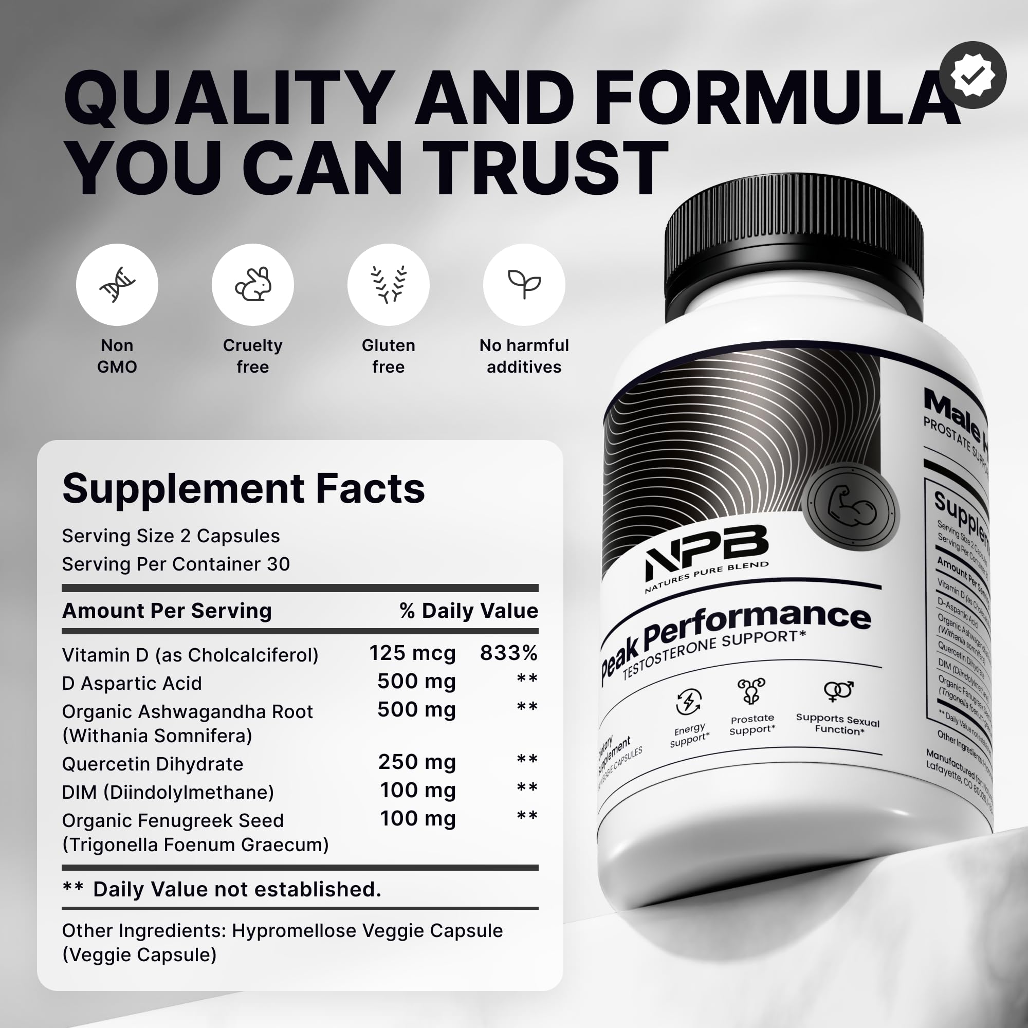 Nature's Pure Blend Peak Performance – Testosterone Supplement for Men with D-Aspartic Acid, Ashwagandha & DIM – Mens Prostate Health Support, Muscle Strength & Energy – Prostate Supplement - TrustMedUSA
