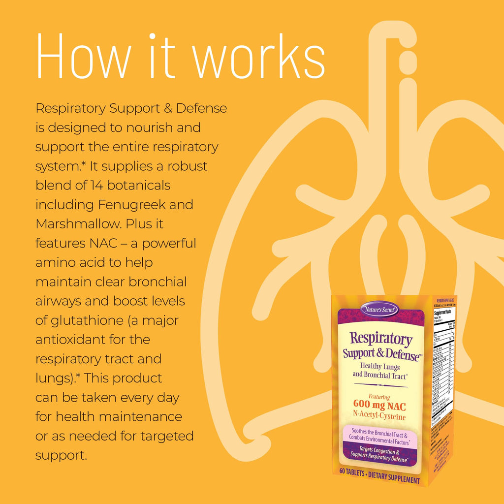 Nature's Secret Respiratory Support & Defense - 60 Tablets - Promotes Healthy Lungs & Bronchial Tract - With NAC, Fenugreek & Marshmallow - 30 Total Servings - TrustMedUSA
