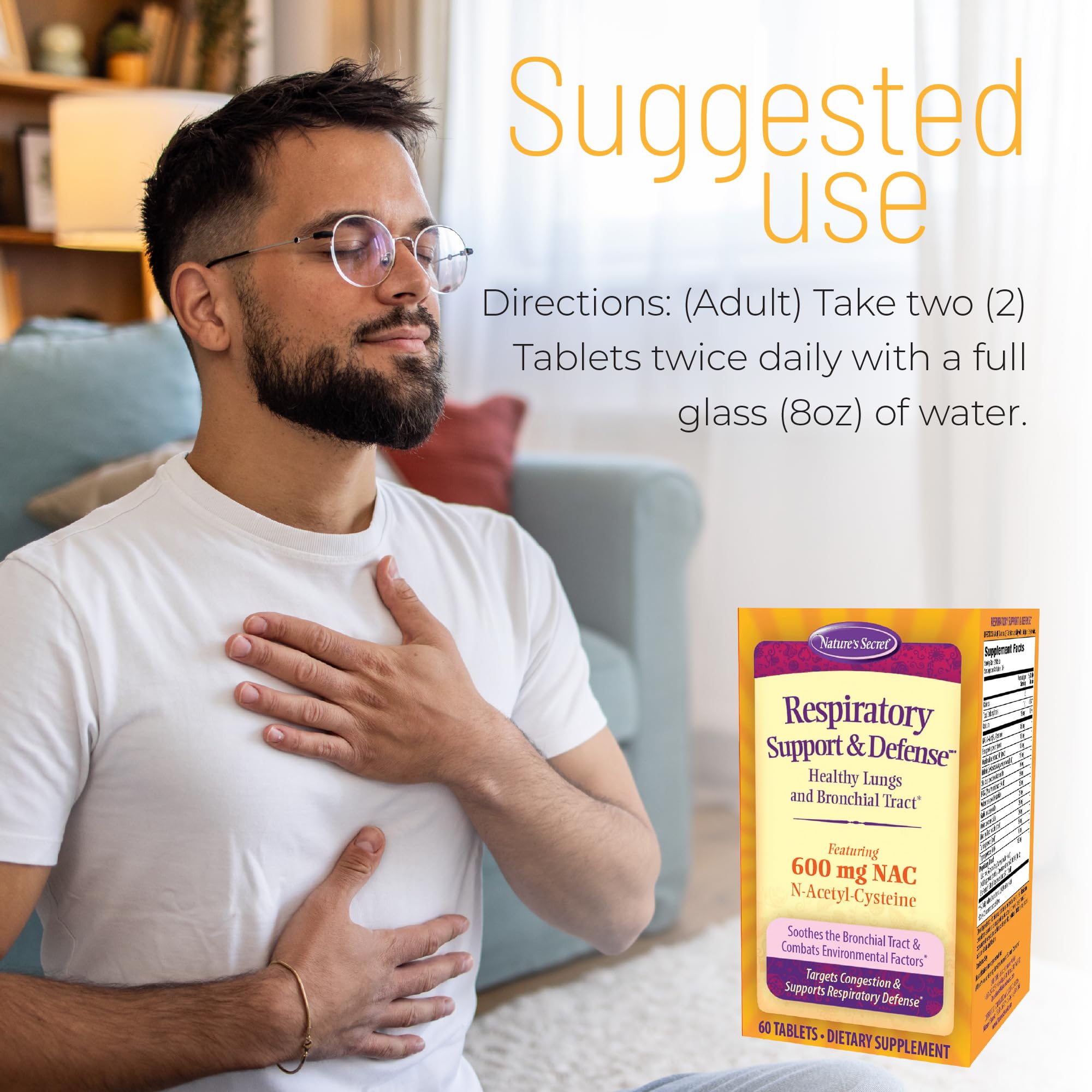 Nature's Secret Respiratory Support & Defense - 60 Tablets - Promotes Healthy Lungs & Bronchial Tract - With NAC, Fenugreek & Marshmallow - 30 Total Servings - TrustMedUSA