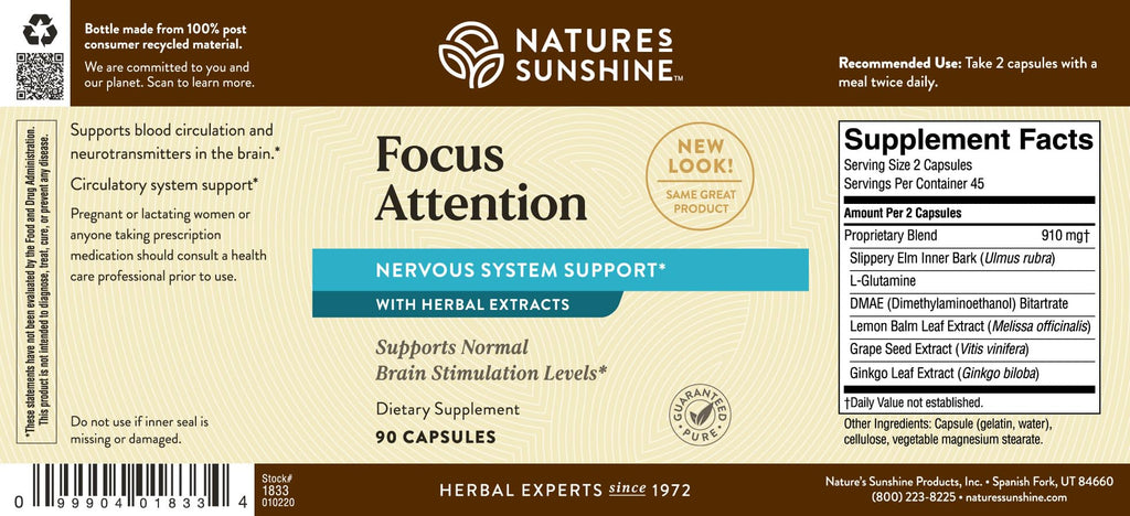 Nature's Sunshine Focus Attention, 90 Capsules, Provides Nutrients That Help Maintain Normal Brain-Stimulation Levels While Supporting Blood Circulation and Neurotransmitter Levels in The Brain - TrustMedUSA