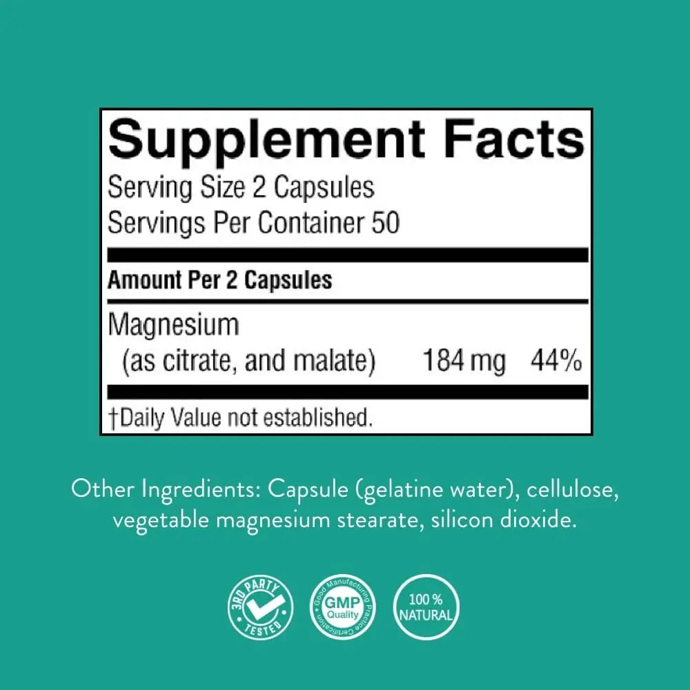 Nature’s Sunshine Magnesium Complex - High Potency Magnesium Supplement with Citrate & Malate for Relaxation, Optimal Absorption, Muscle Function, Energy Production - 50 Servings (100 Capsules) - TrustMedUSA