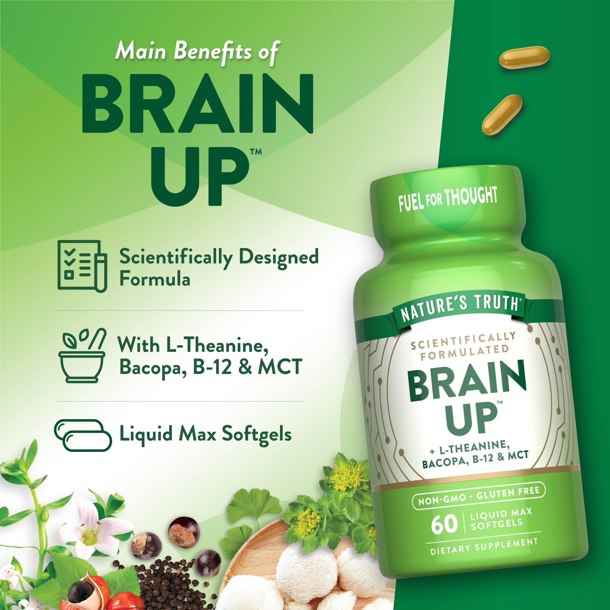 Nature's Truth Brain Up Softgels | 60 Count | with L-Theanine, Bacopa, B-12 & MCT | Non-GMO and Gluten Free Supplement - TrustMedUSA