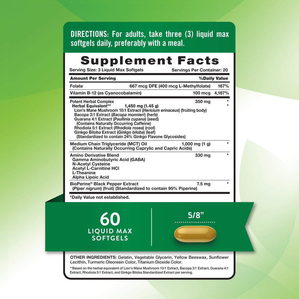 Nature's Truth Brain Up Softgels | 60 Count | with L-Theanine, Bacopa, B-12 & MCT | Non-GMO and Gluten Free Supplement - TrustMedUSA