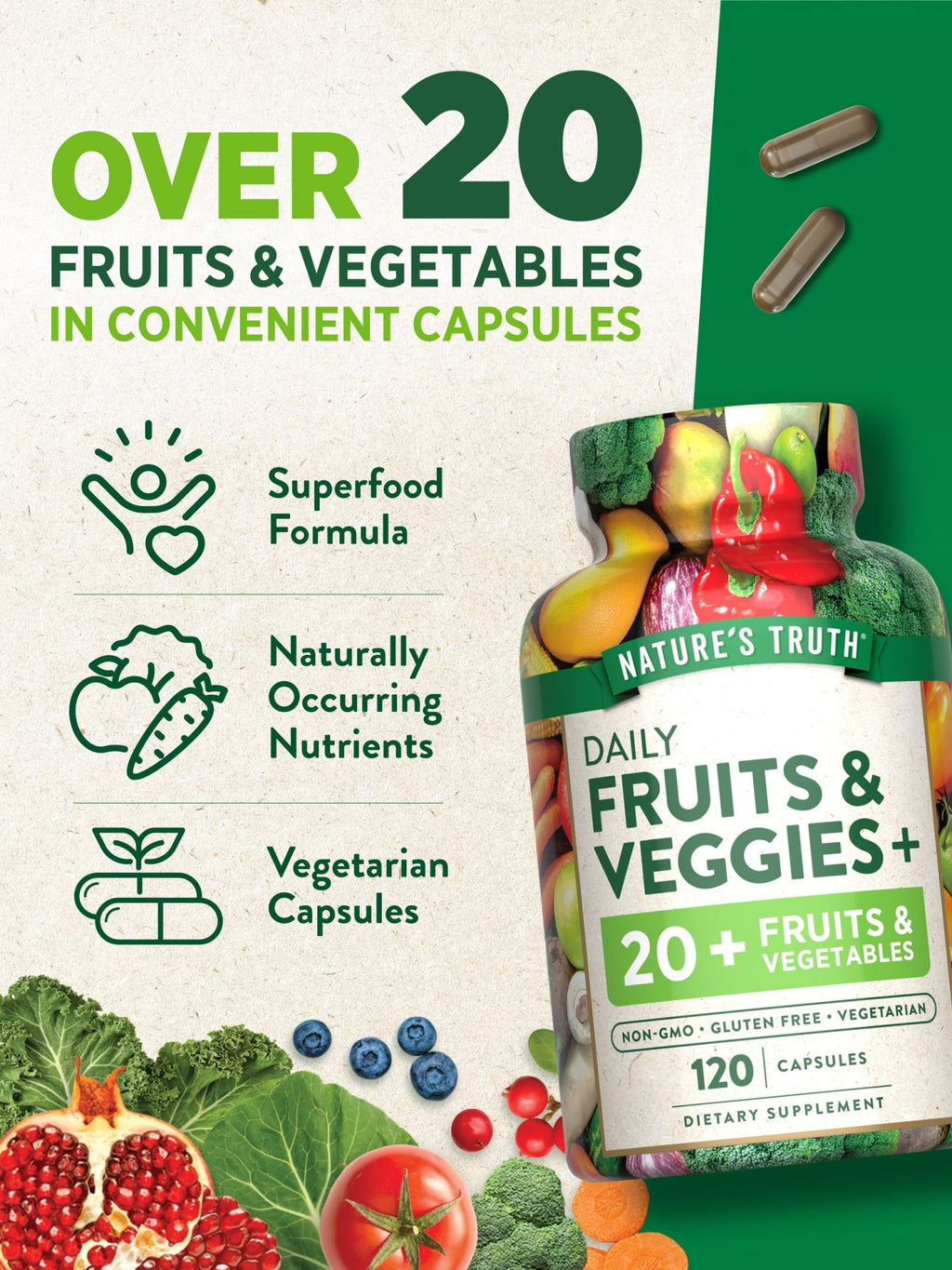 Nature's Truth Fruit and Veggies Supplement | 120 Vegetarian Capsules | 20+ Fruits & Vegetables | Vegetarian, Non-GMO, and Gluten Free Supplement - TrustMedUSA