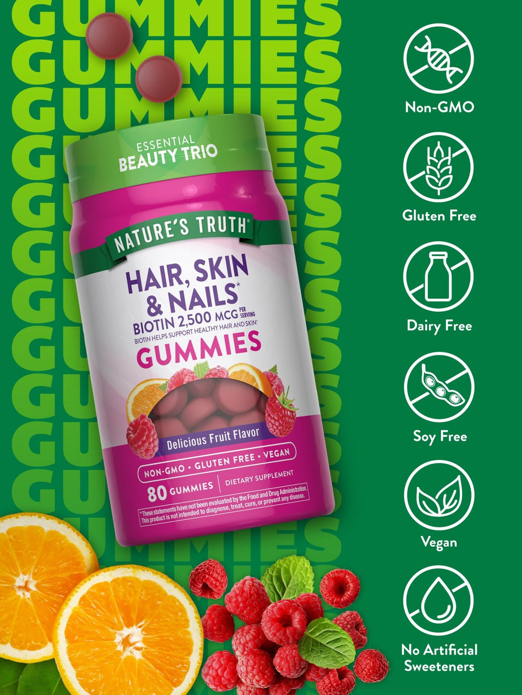 Nature's Truth Hair Skin and Nails Gummies | 80 Count | 2500mcg of Biotin | Vegan, Non-GMO, Gluten Free Supplement - TrustMedUSA