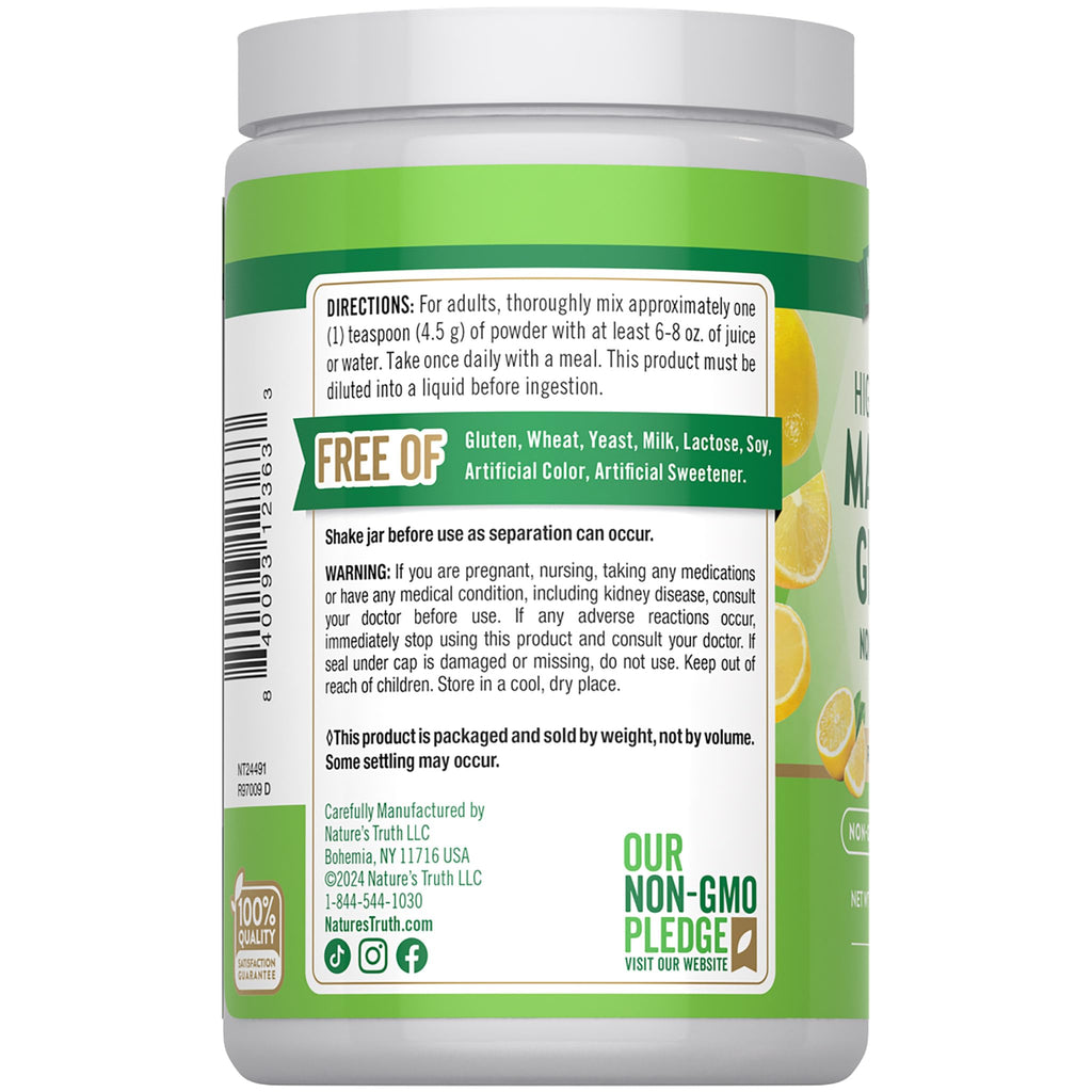 Nature's Truth Magnesium Glycinate Powder | 6 oz | Lemon Flavor | High Absorption | Vegan, Non-GMO, Gluten Free Supplement - TrustMedUSA