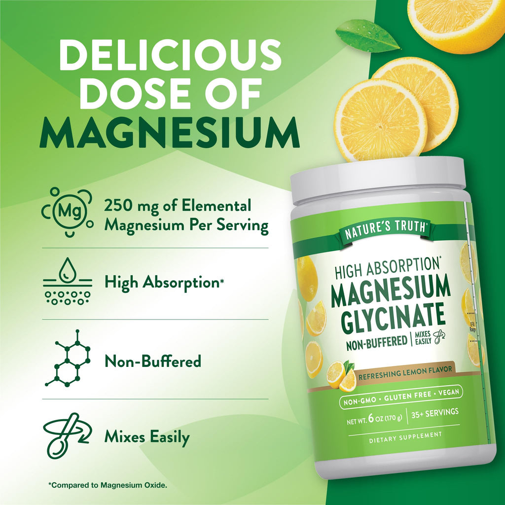 Nature's Truth Magnesium Glycinate Powder | 6 oz | Lemon Flavor | High Absorption | Vegan, Non-GMO, Gluten Free Supplement - TrustMedUSA