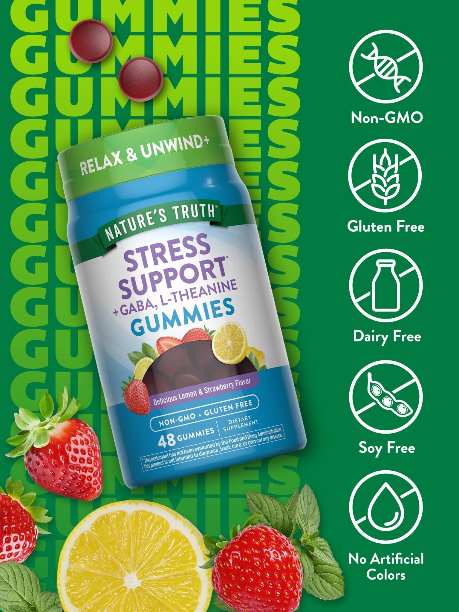 Nature's Truth Stress Relief Gummies for Adults | with Gaba, L Theanine, and Lemon Balm | Lemon Strawberry Flavor | Non-GMO & Gluten Free Supplement - TrustMedUSA