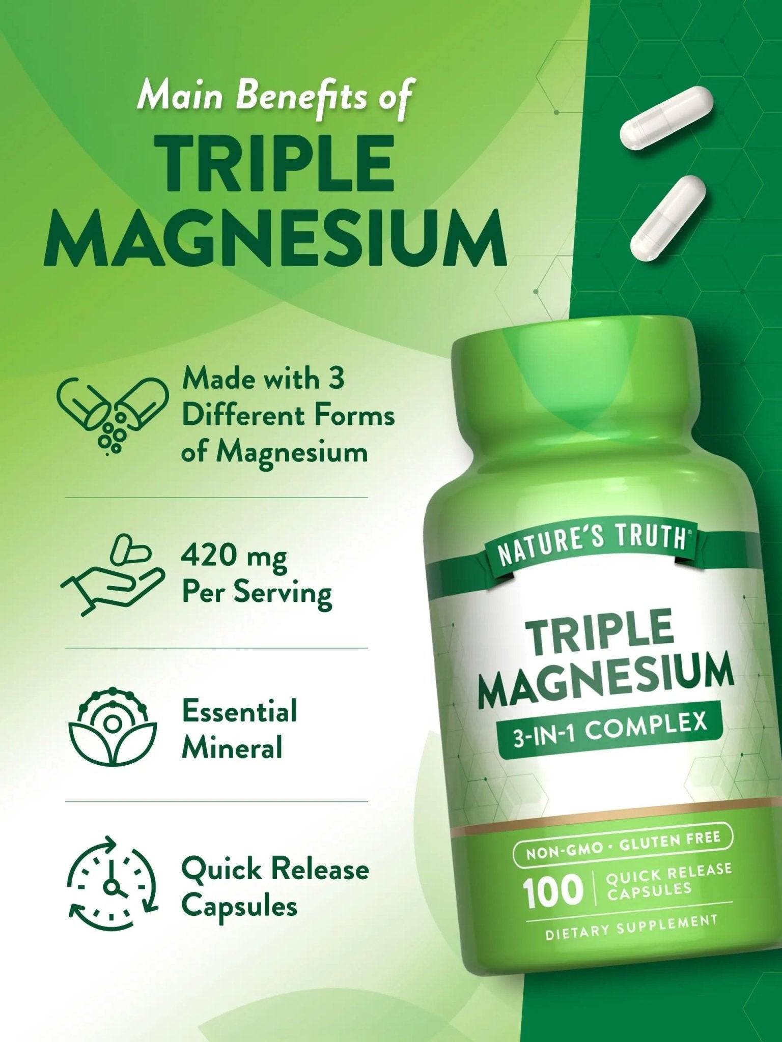 Nature's Truth Triple Magnesium Complex Supplement | 100 Capsules | 420 mg Magnesium Oxide, Citrate & Aspartate | Non-GMO & Gluten Free - TrustMedUSA