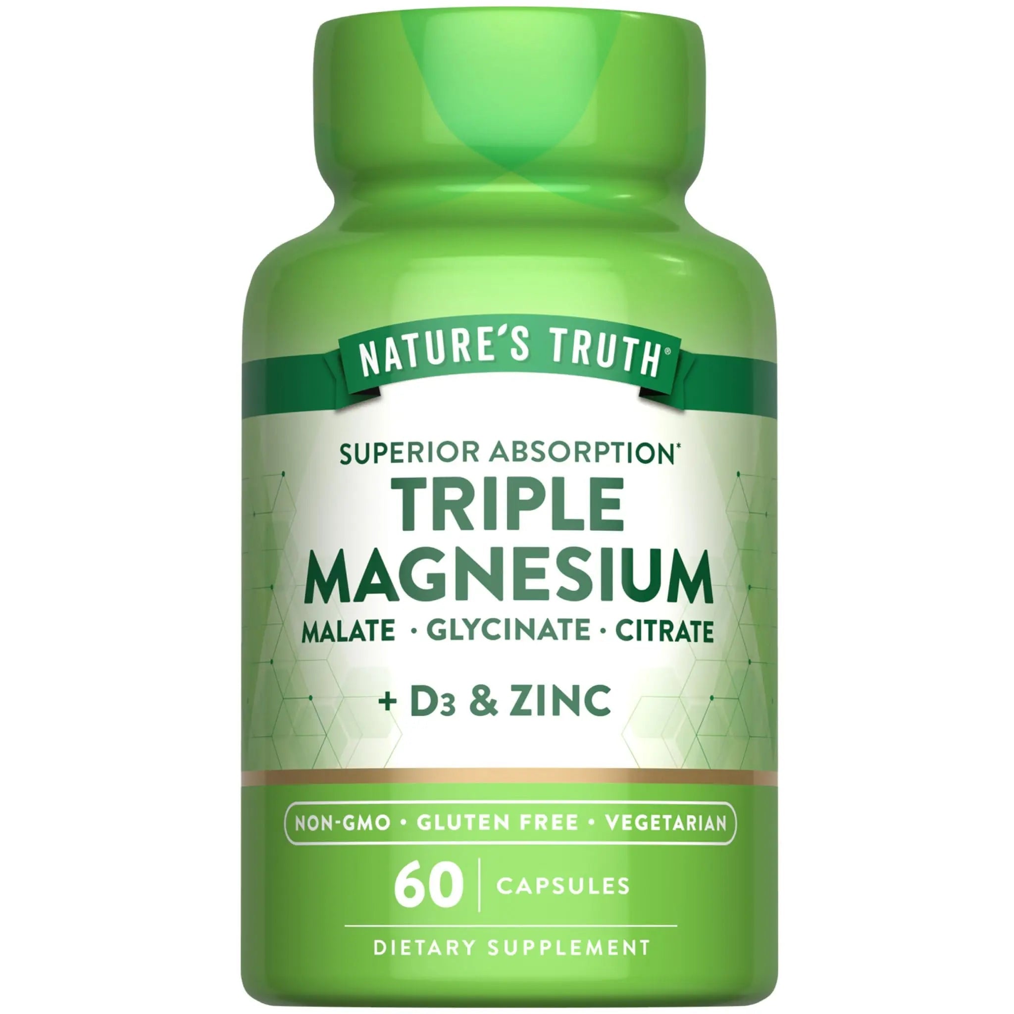 Nature's Truth Triple Magnesium Complex Supplement | 60 Capsules | Glycinate, Citrate & Malate | with D3 & Zinc | Vegetarian, Non-GMO, & Gluten Free - TrustMedUSA
