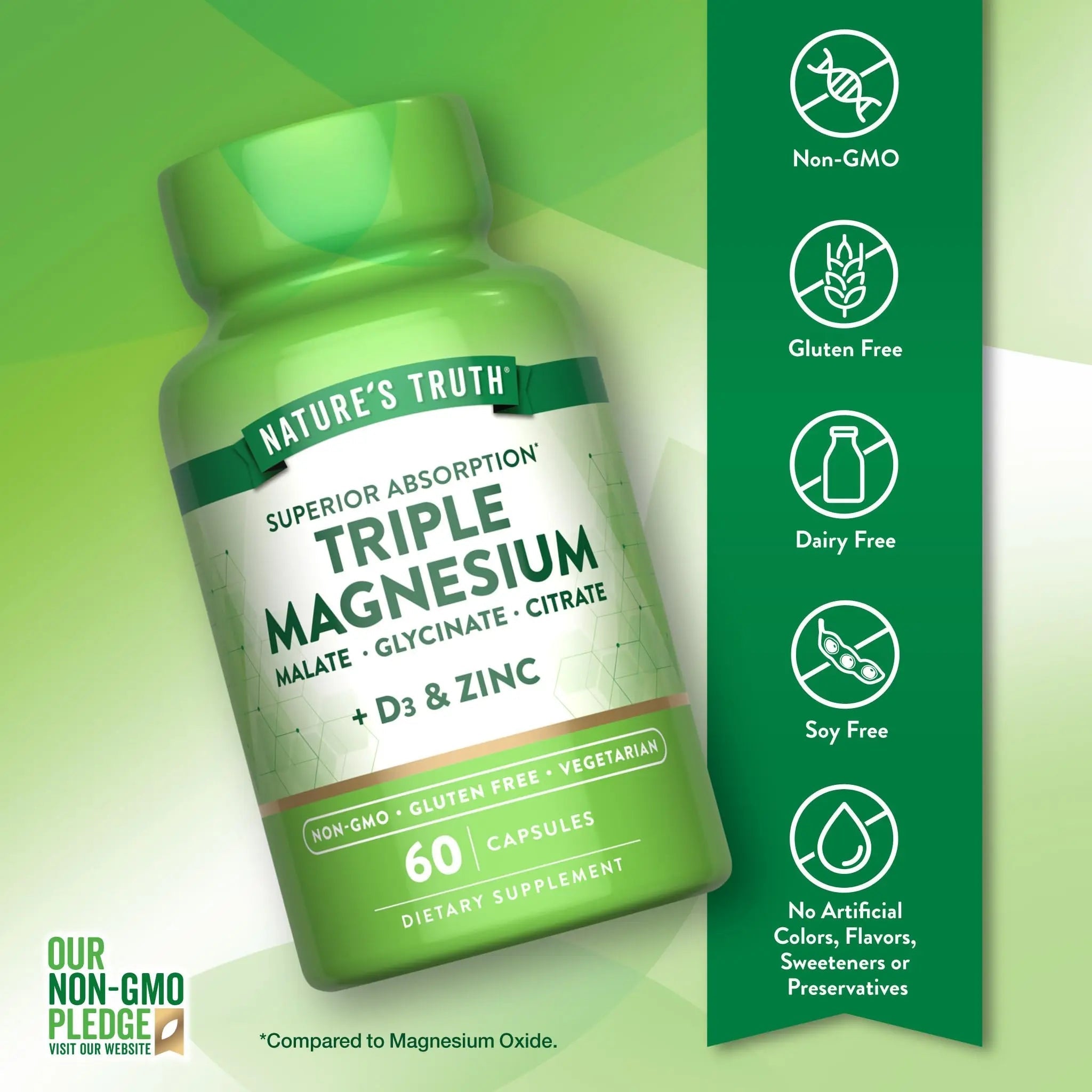Nature's Truth Triple Magnesium Complex Supplement | 60 Capsules | Glycinate, Citrate & Malate | with D3 & Zinc | Vegetarian, Non-GMO, & Gluten Free - TrustMedUSA