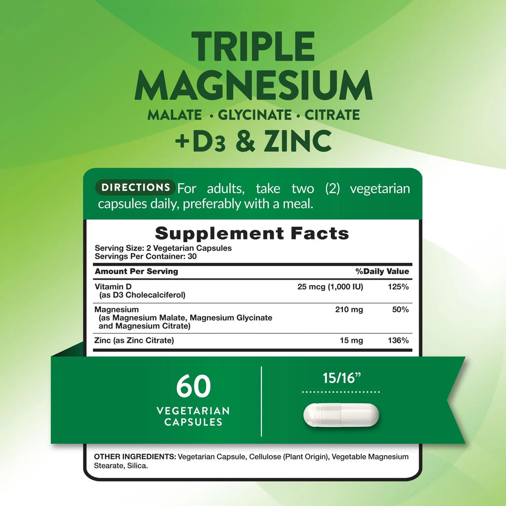 Nature's Truth Triple Magnesium Complex Supplement | 60 Capsules | Glycinate, Citrate & Malate | with D3 & Zinc | Vegetarian, Non-GMO, & Gluten Free - TrustMedUSA
