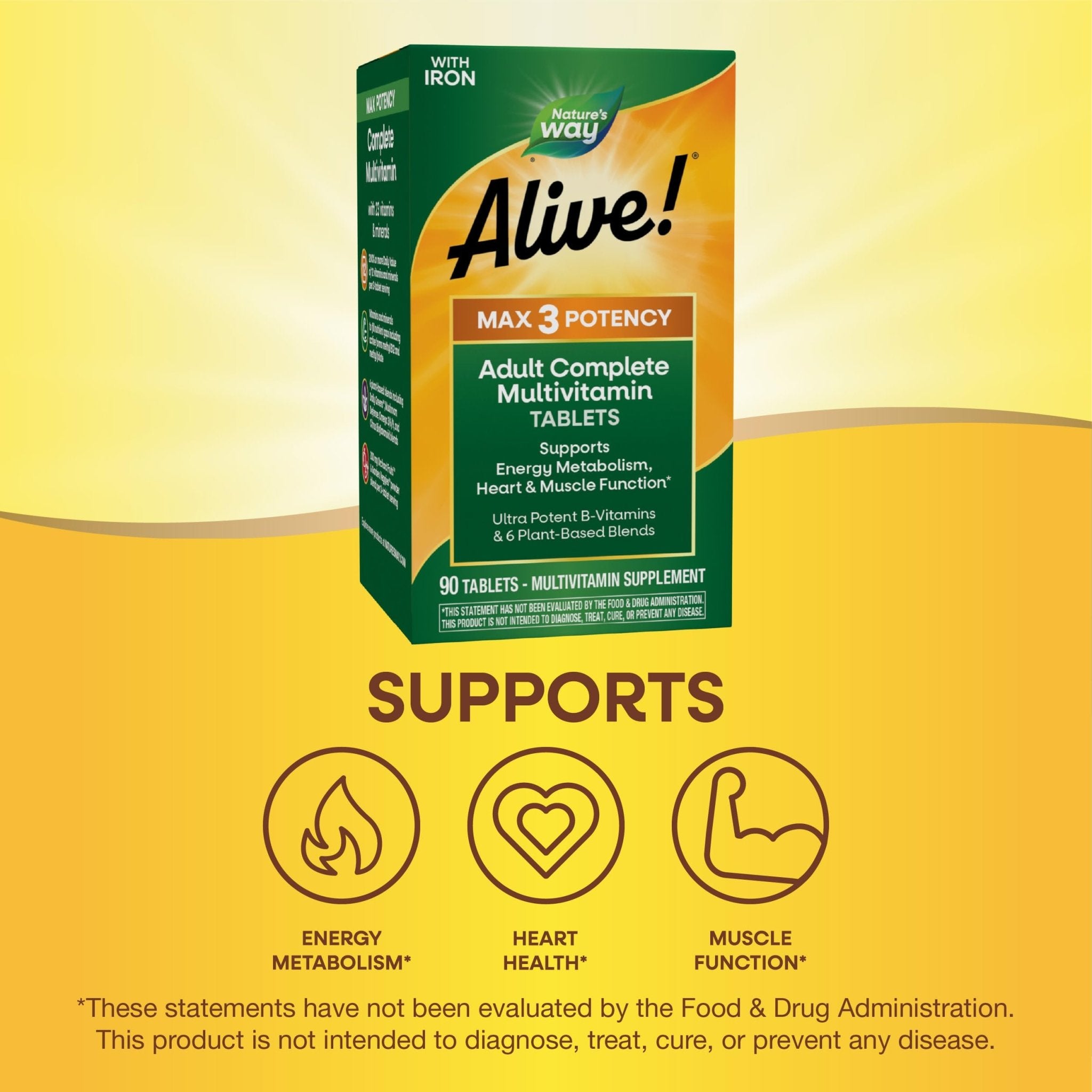 Nature's Way Alive! Max3 Potency Daily Multivitamin, Methylated B12 and Folate, Ultra Potency B-vitamins to Support Energy Metabolism*, 90 Tablets - TrustMedUSA