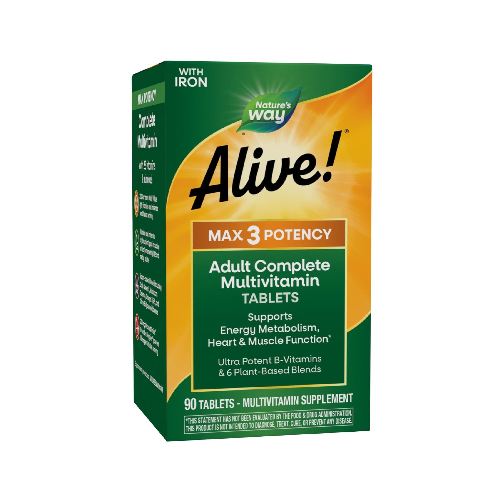 Nature's Way Alive! Max3 Potency Daily Multivitamin, Methylated B12 and Folate, Ultra Potency B-vitamins to Support Energy Metabolism*, 90 Tablets - TrustMedUSA
