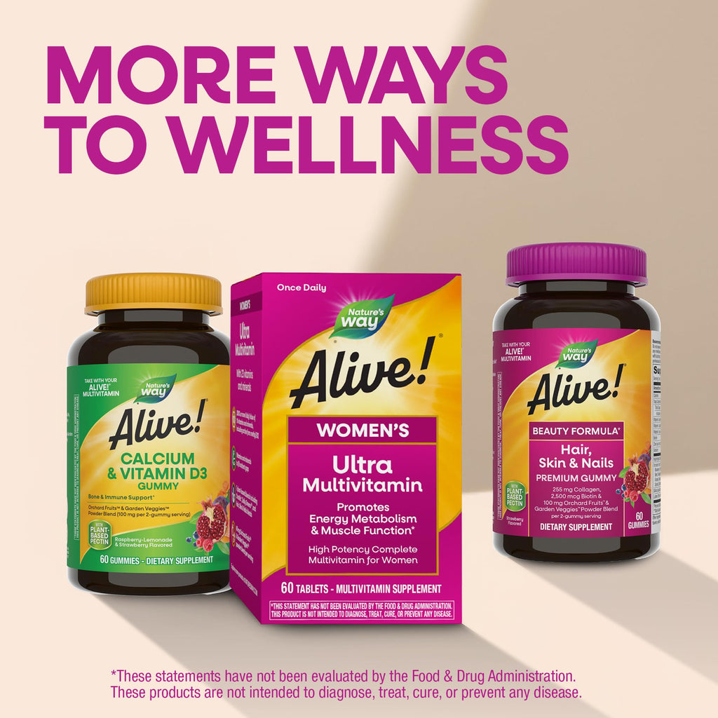 Nature's Way Alive! Ultra Multivitamin for Women, Complete Daily Women's Vitamins, High Potency Formula, Promotes Energy Metabolism and Muscle Function*, Vitamin A, C, D, Methylated B12, 60 Tablets - TrustMedUSA