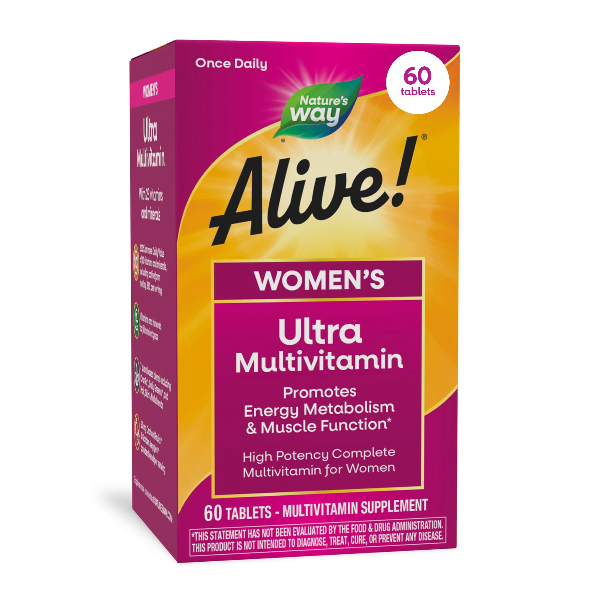 Nature's Way Alive! Ultra Multivitamin for Women, Complete Daily Women's Vitamins, High Potency Formula, Promotes Energy Metabolism and Muscle Function*, Vitamin A, C, D, Methylated B12, 60 Tablets - TrustMedUSA
