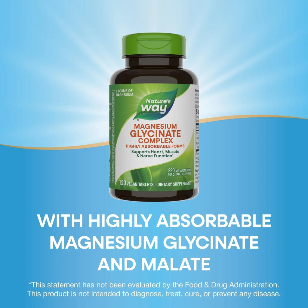 Nature's Way Magnesium Glycinate Complex, Supports Heart, Muscle, Nerve Function*, Highly Absorbable, 220 mg per 2-Tablet Serving, No Gluten, Vegan, 120 Tablets - TrustMedUSA