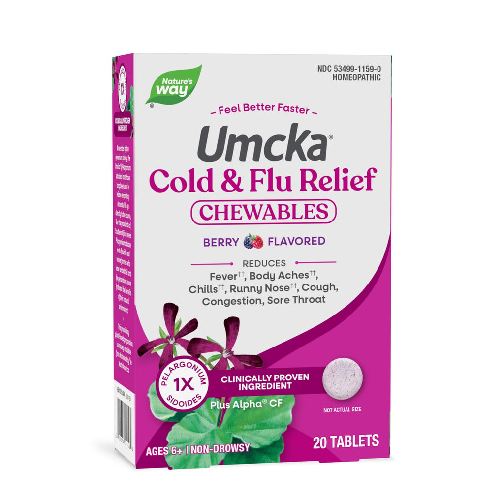 Nature’s Way Umcka Cold and Flu Relief Chewables, Non-Drowsy Multi-Symptom Relief, Homeopathic Cold Medicine & Remedy, Shortens & Reduces Severity of Colds, Berry-Flavored Cold & Flu Tablets, 20 Count - Maple Wellness Supplements