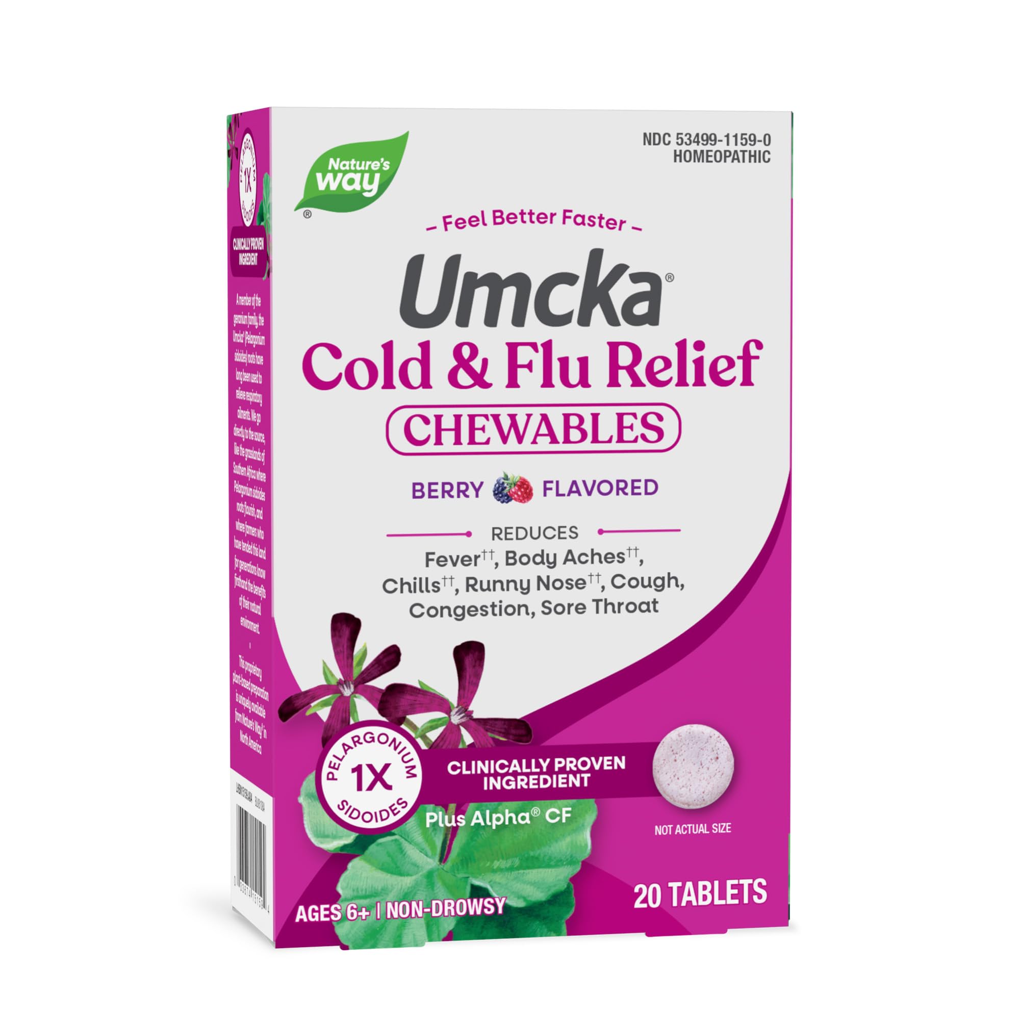 Nature’s Way Umcka Cold and Flu Relief Chewables, Non-Drowsy Multi-Symptom Relief, Homeopathic Cold Medicine & Remedy, Shortens & Reduces Severity of Colds, Berry-Flavored Cold & Flu Tablets, 20 Count - Maple Wellness Supplements