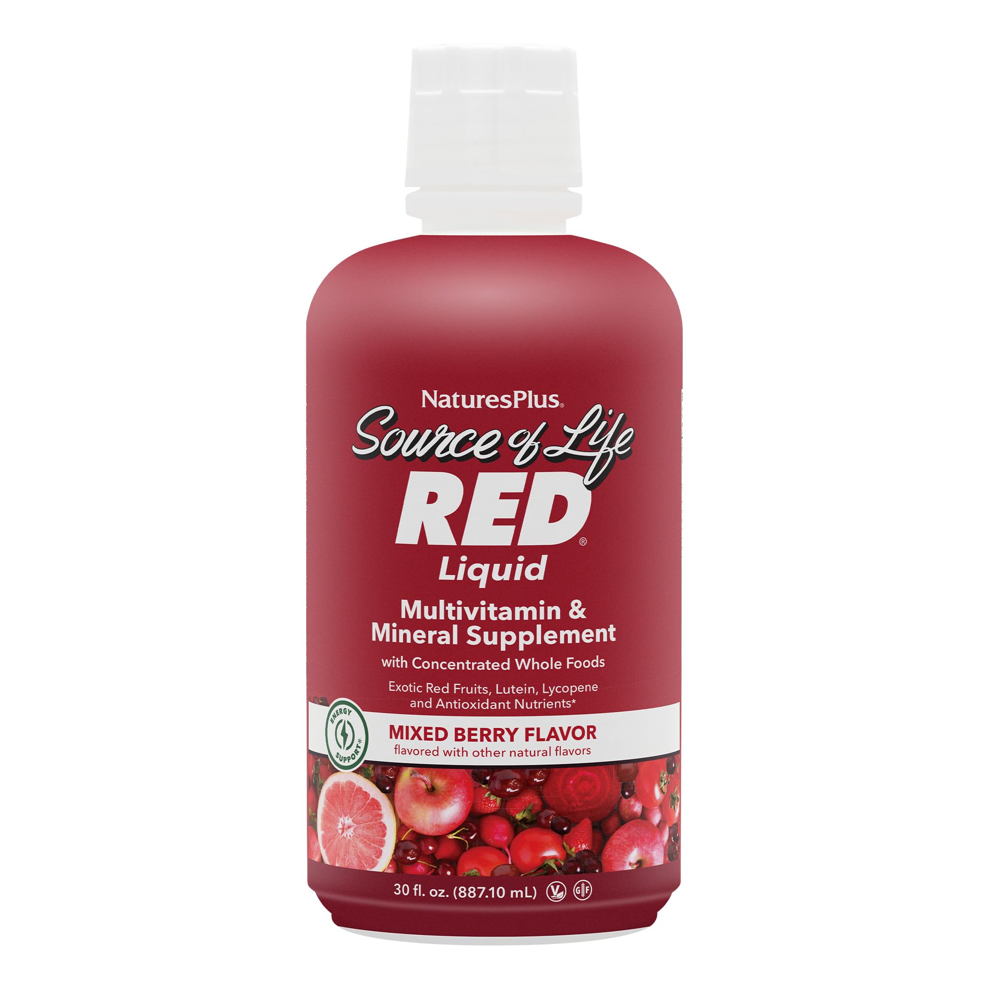 NaturesPlus Source of Life RED Multivitamin Liquid - 30 oz - Energy & Immune Support - with Exotic Red Fruits, Lycopene & Lutein - Vegetarian & Gluten Free - 30 Servings - TrustMedUSA