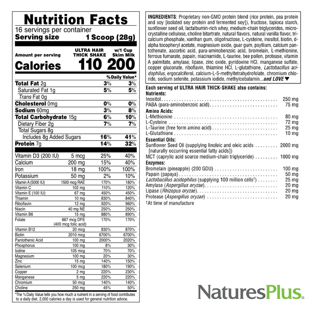 NaturesPlus Ultra Hair Thick Shake - 1 lb - French Vanilla Flavor - Hair Protein Powder for Healthy Growth - With Biotin & Amino Acids - Non-GMO, Gluten-Free - 16 Servings - TrustMedUSA