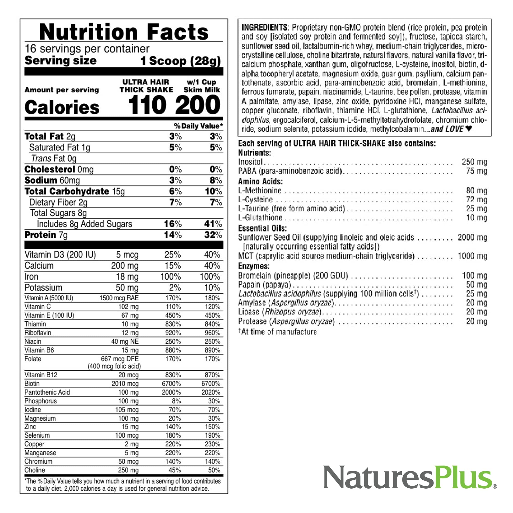 NaturesPlus Ultra Hair Thick Shake - 1 lb - French Vanilla Flavor - Hair Protein Powder for Healthy Growth - With Biotin & Amino Acids - Non-GMO, Gluten-Free - 16 Servings - TrustMedUSA