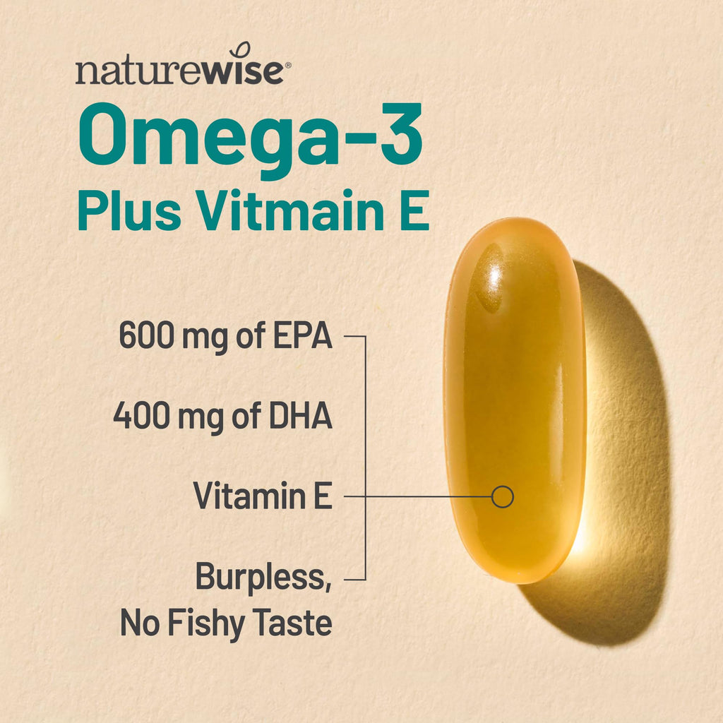 NatureWise Extra-Strength Omega 3 Fish Oil Supplement - 1000mg per Serving - 600 EPA & 400 DHA and Vitamin E - Support for Heart & Brain Health - TrustMedUSA