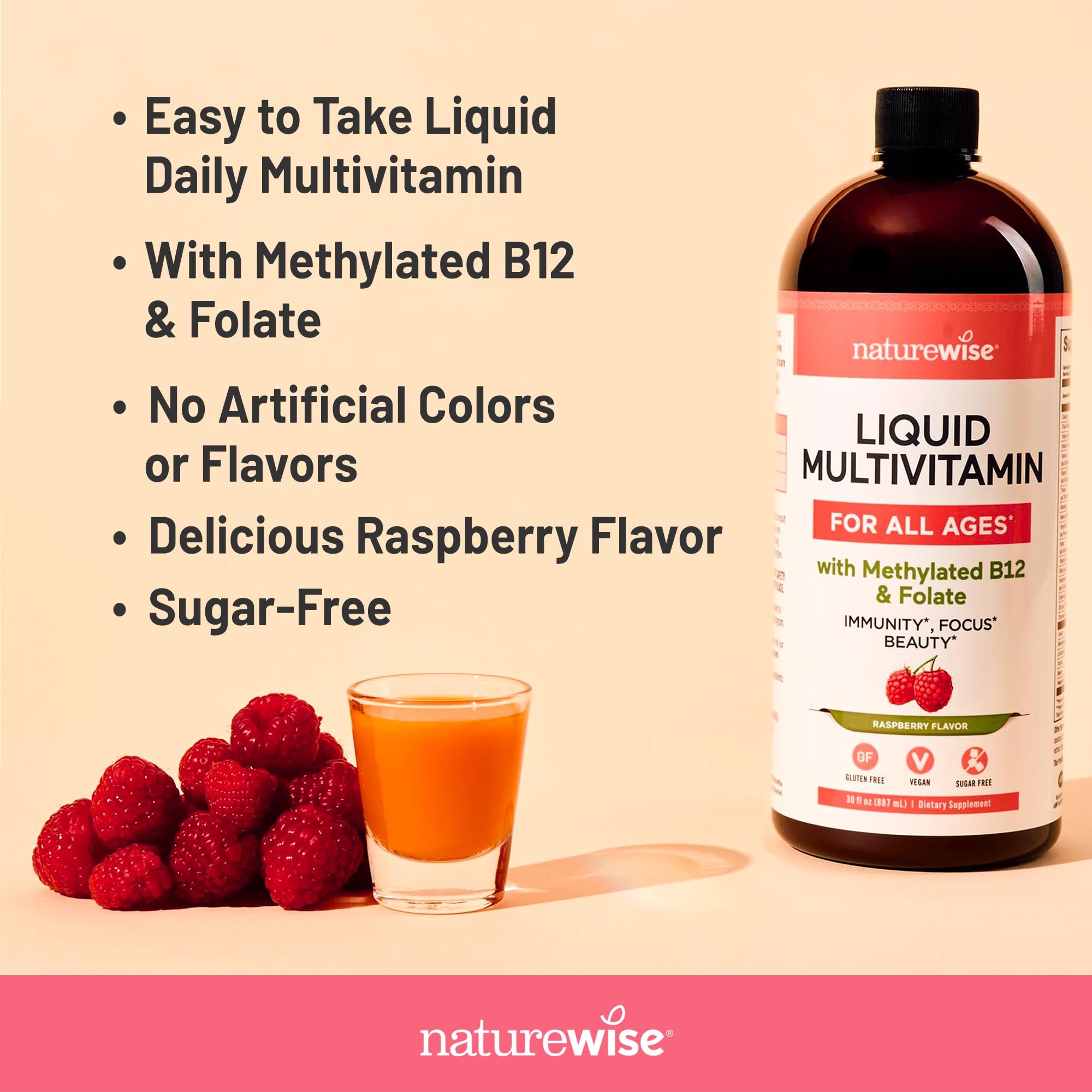 NatureWise Liquid Multivitamin for Women, Men of All Ages - Sugar Free, Vegan - Vitamins for Energy Levels, Beauty, Immune Health with Methylated B12 & Folate - Non-GMO - 30 fl oz(887 mL) - TrustMedUSA